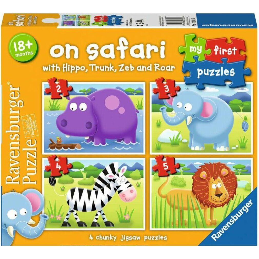 Puzzle Ravensburger. Scritta "on safari" e "my first puzzles". Quattro puzzle con animali: ippopotamo, elefante, zebra, leone.