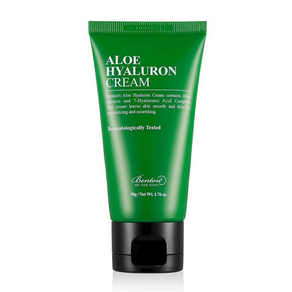 Tubo verde Aloe Hyaluron Cream. Tappo nero. Testo: Dermatologicamente testato. Marchio Benton.