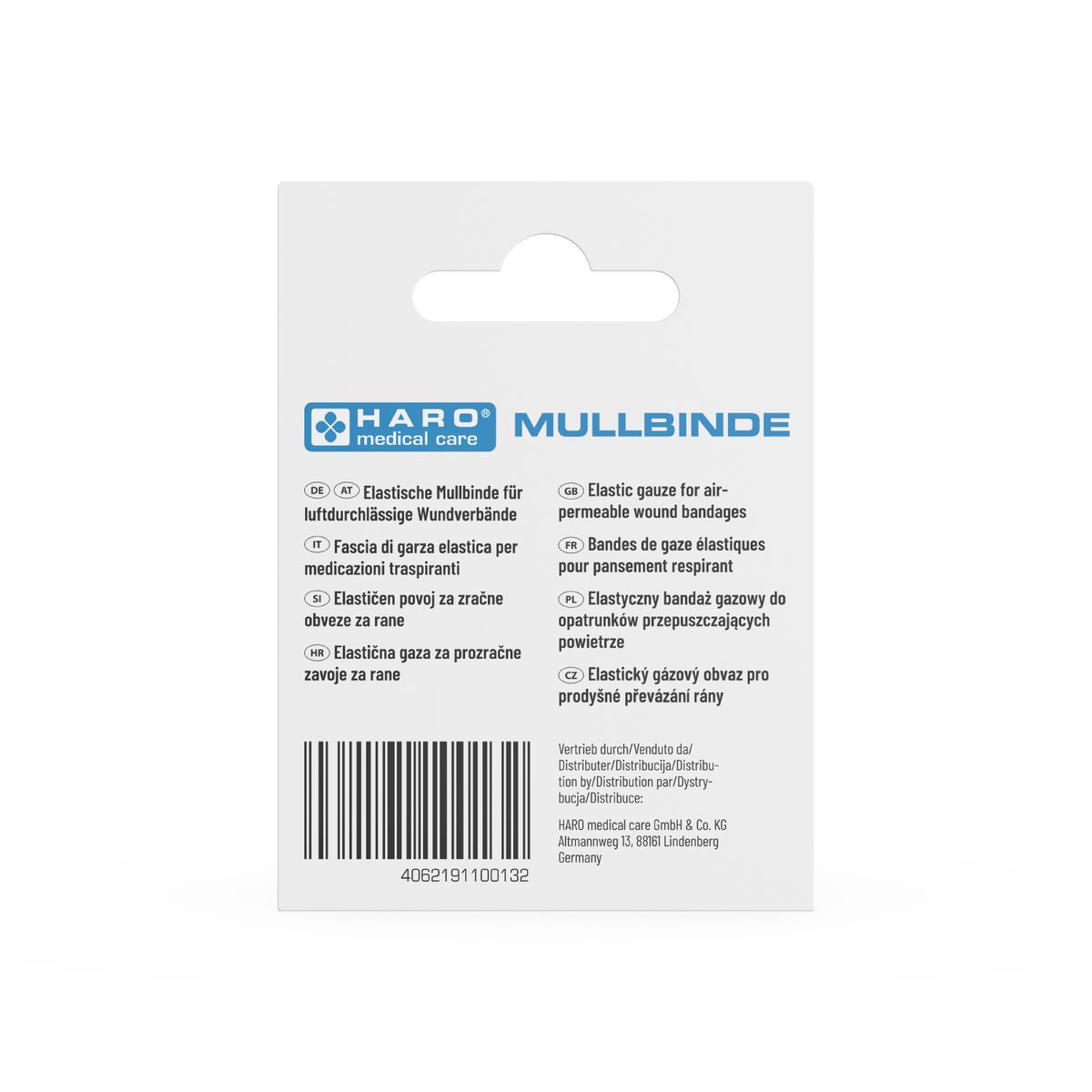 Retro della confezione Haro Mullbinde. Testo multilingue, codice a barre e logo.