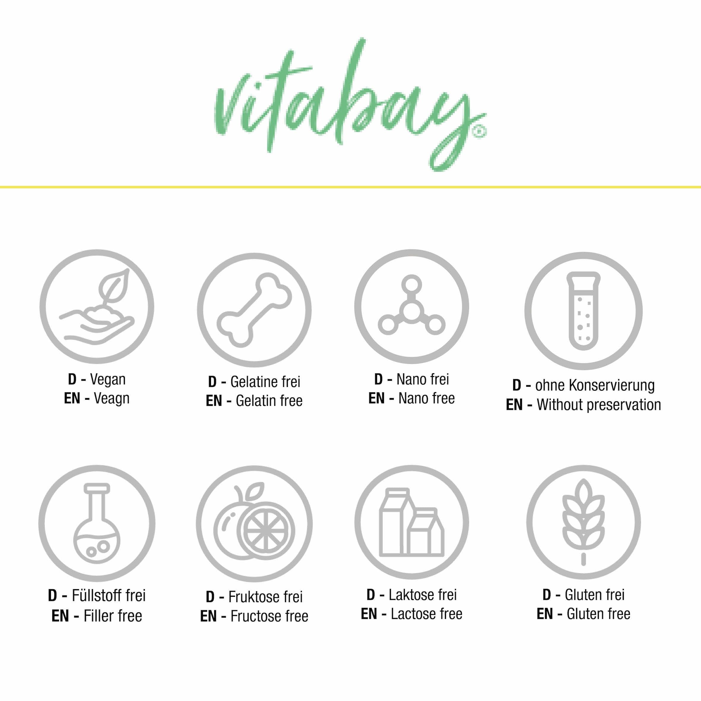 Icone Vitabay: Vegano, senza gelatina, senza nano, senza conservanti, senza riempitivi, senza fruttosio, senza lattosio, senza glutine. Testo in tedesco e inglese.