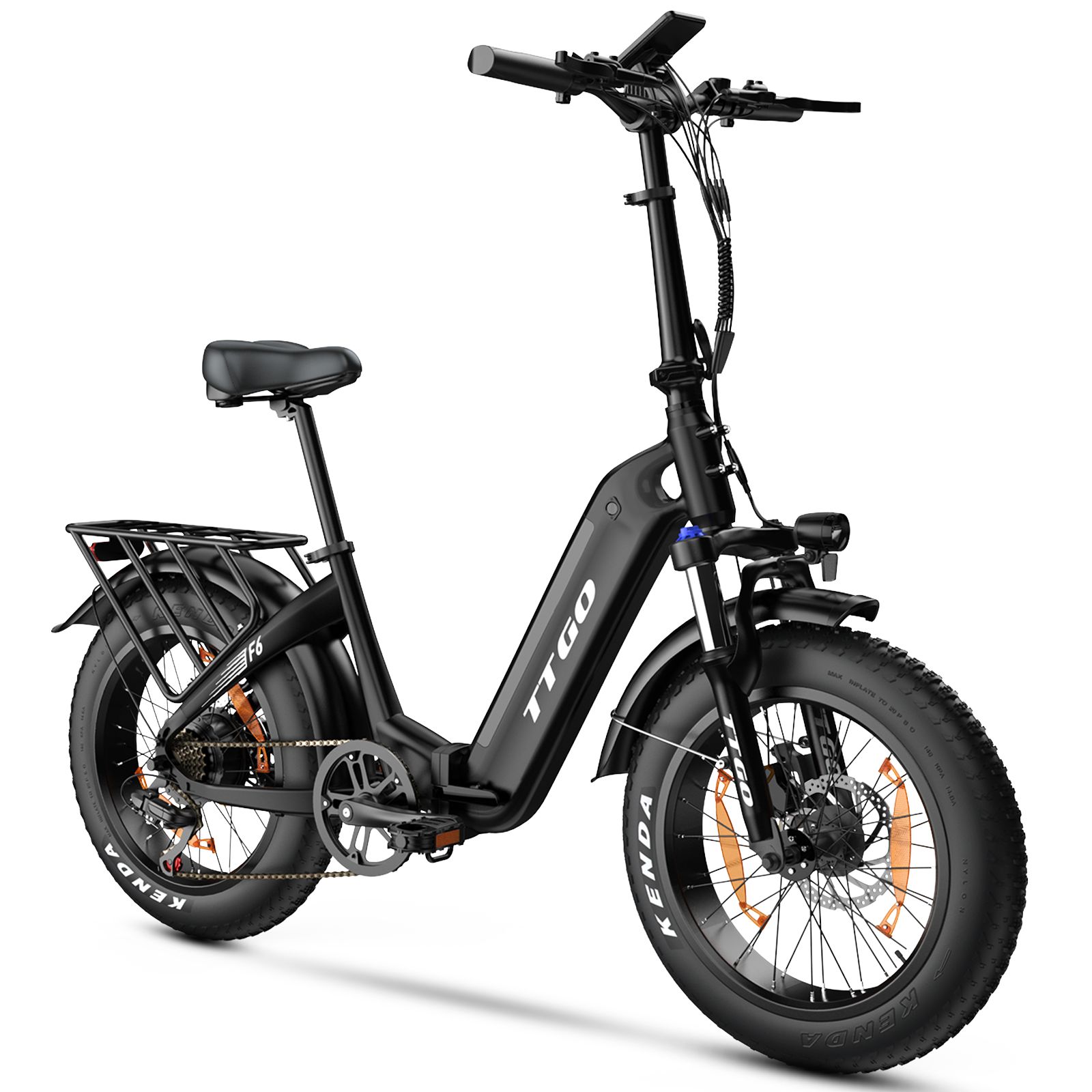 E-bike pieghevole nera. Logo TTGO visibile. Con pneumatici larghi, portapacchi e parafanghi. Dettagli: sella, pedali, freni.