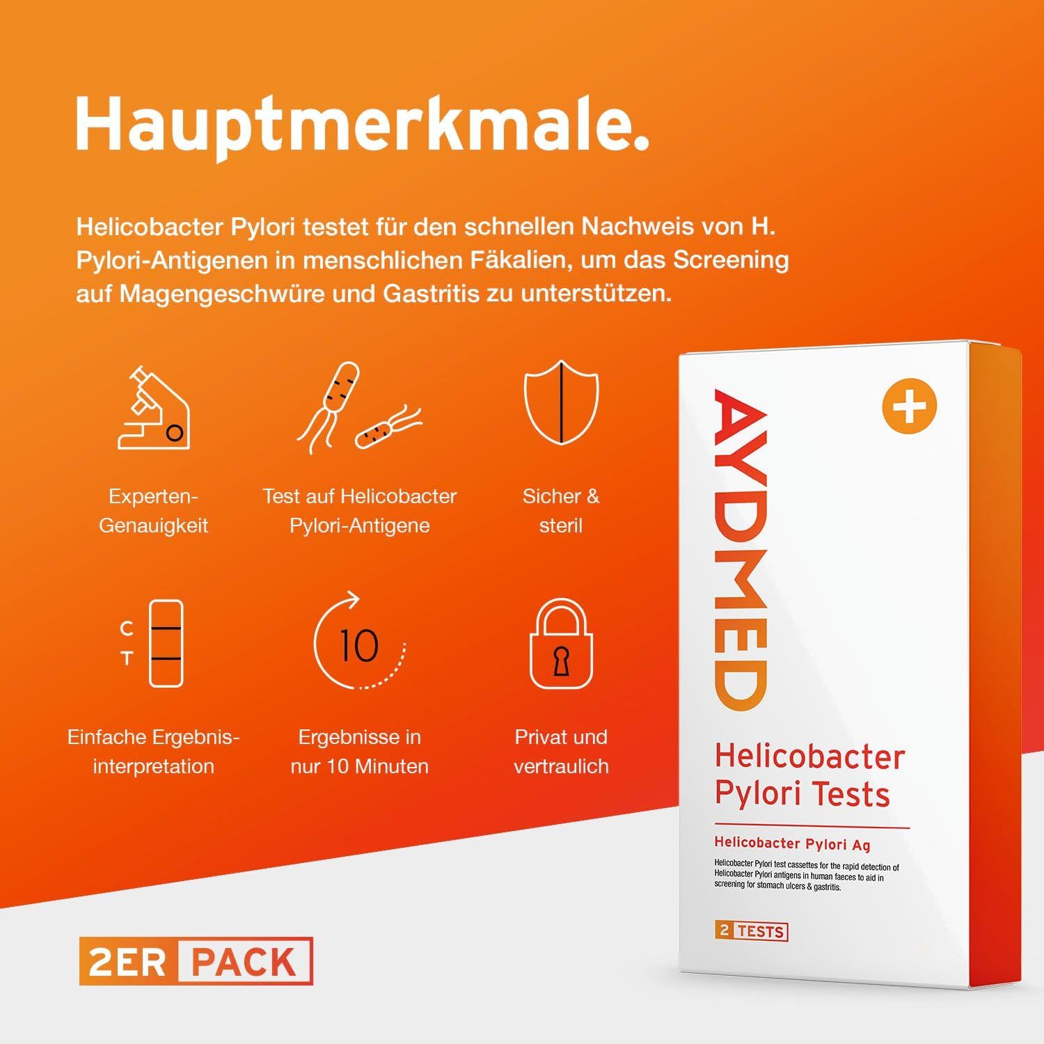 Test AYDMED Helicobacter Pylori. Confezione con strisce e icone. Testo: Precisione esperta, test degli antigeni Helicobacter Pylori.