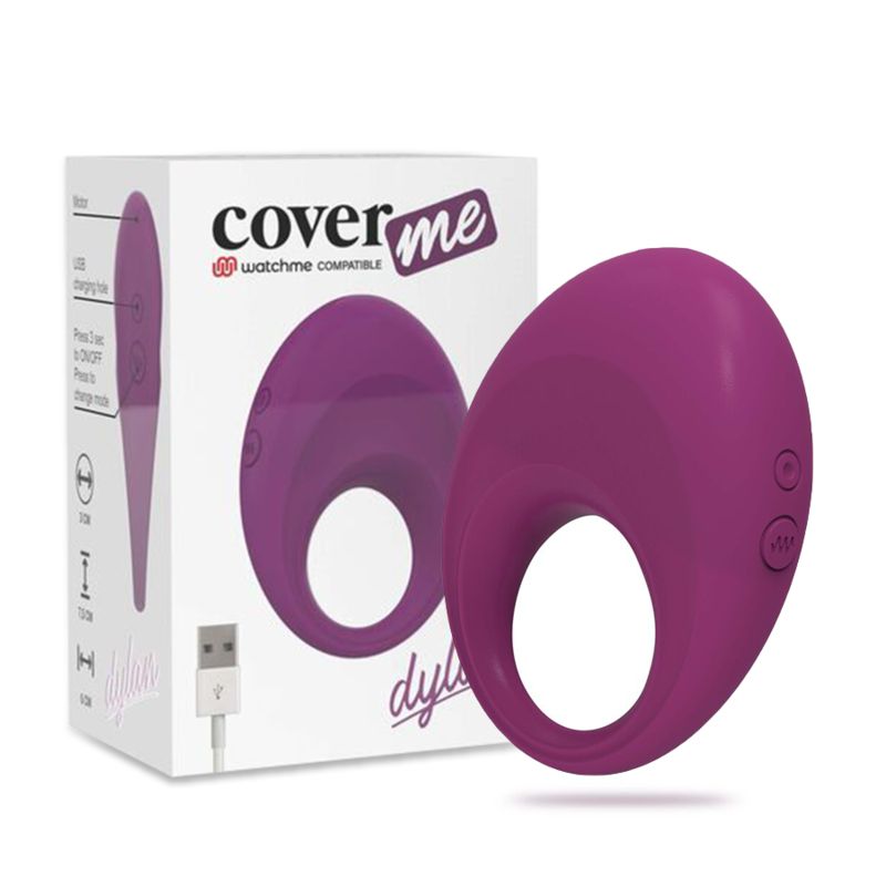 Anello vibrante viola accanto alla sua confezione. Anello con due pulsanti, confezione con cavo di ricarica USB.