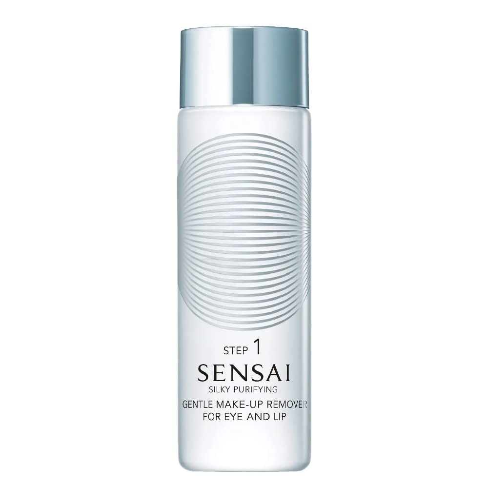Flacone cilindrico con tappo argentato. Scritta: SENSAI, SILKY, GENTLE MAKE-UP REMOVER FOR EYE AND LIP.