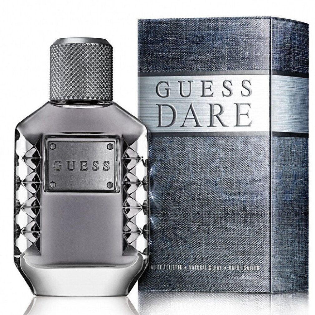 Flacone e confezione. Flacone con tappo argentato e placca metallica "GUESS". Confezione con "GUESS DARE".
