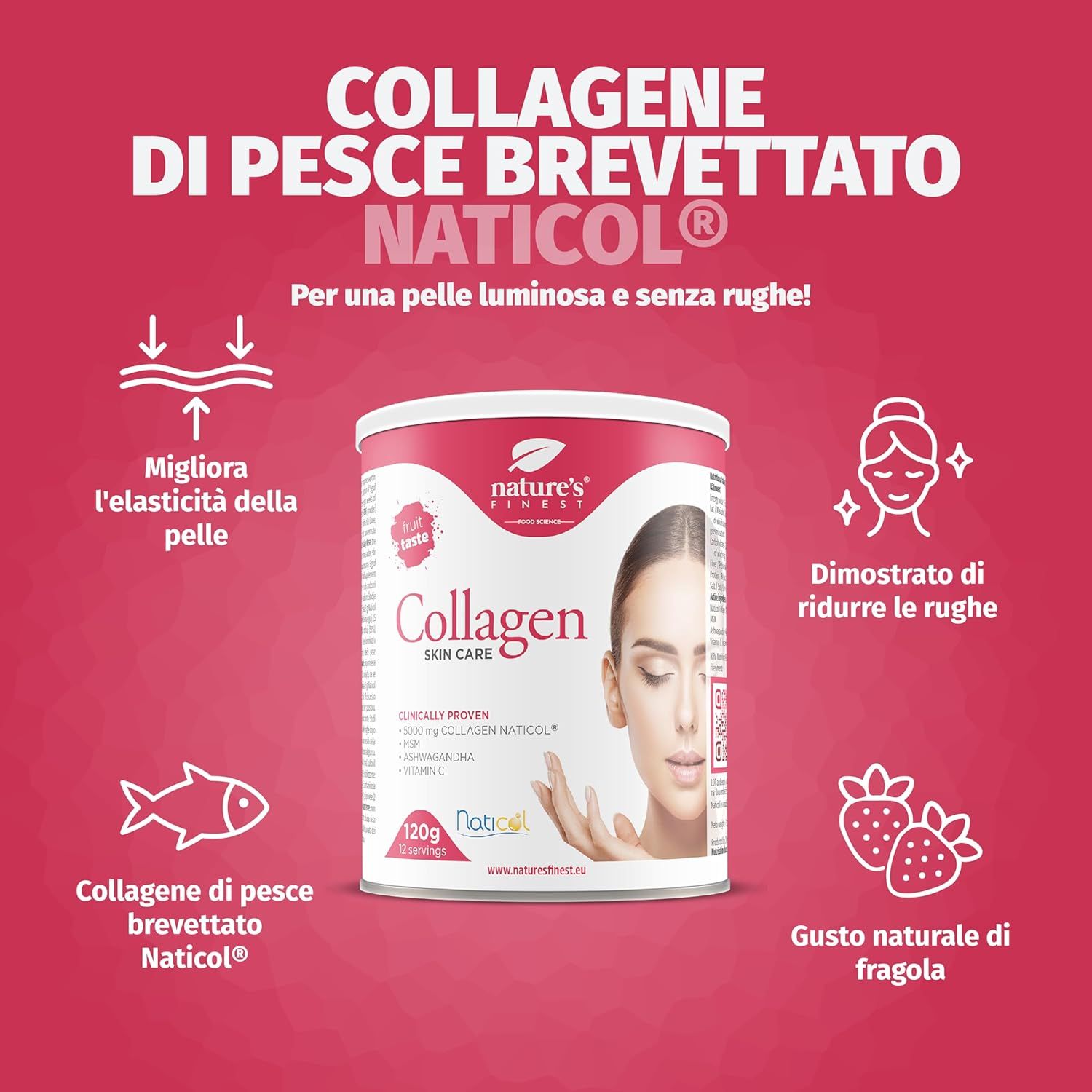 Grafica rossa con barattolo Kollagen Skin Care. Testo: Collagene, cura della pelle. Frecce, fragole, simbolo pesce.