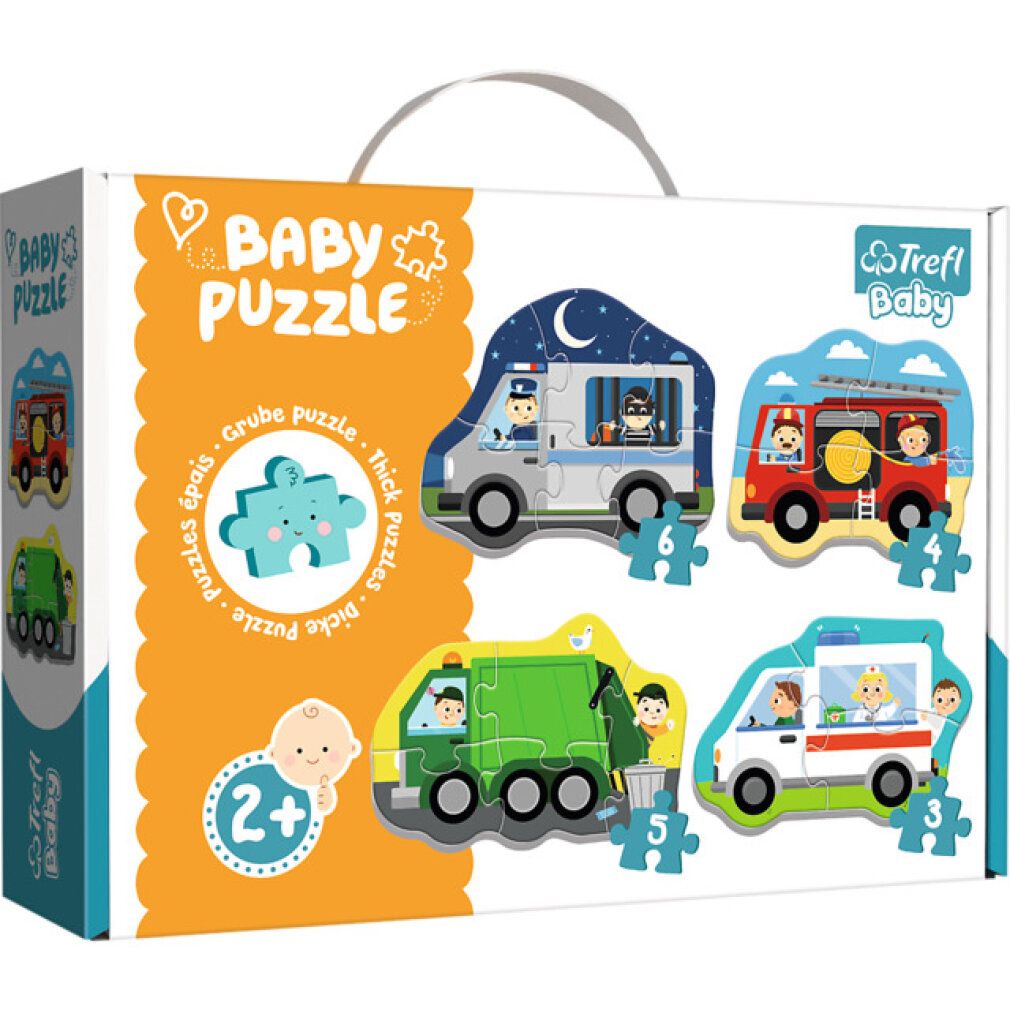 Quattro puzzle con veicoli: polizia, vigili del fuoco, ambulanza, camion della spazzatura. Ogni puzzle è composto da più pezzi. Per bambini.