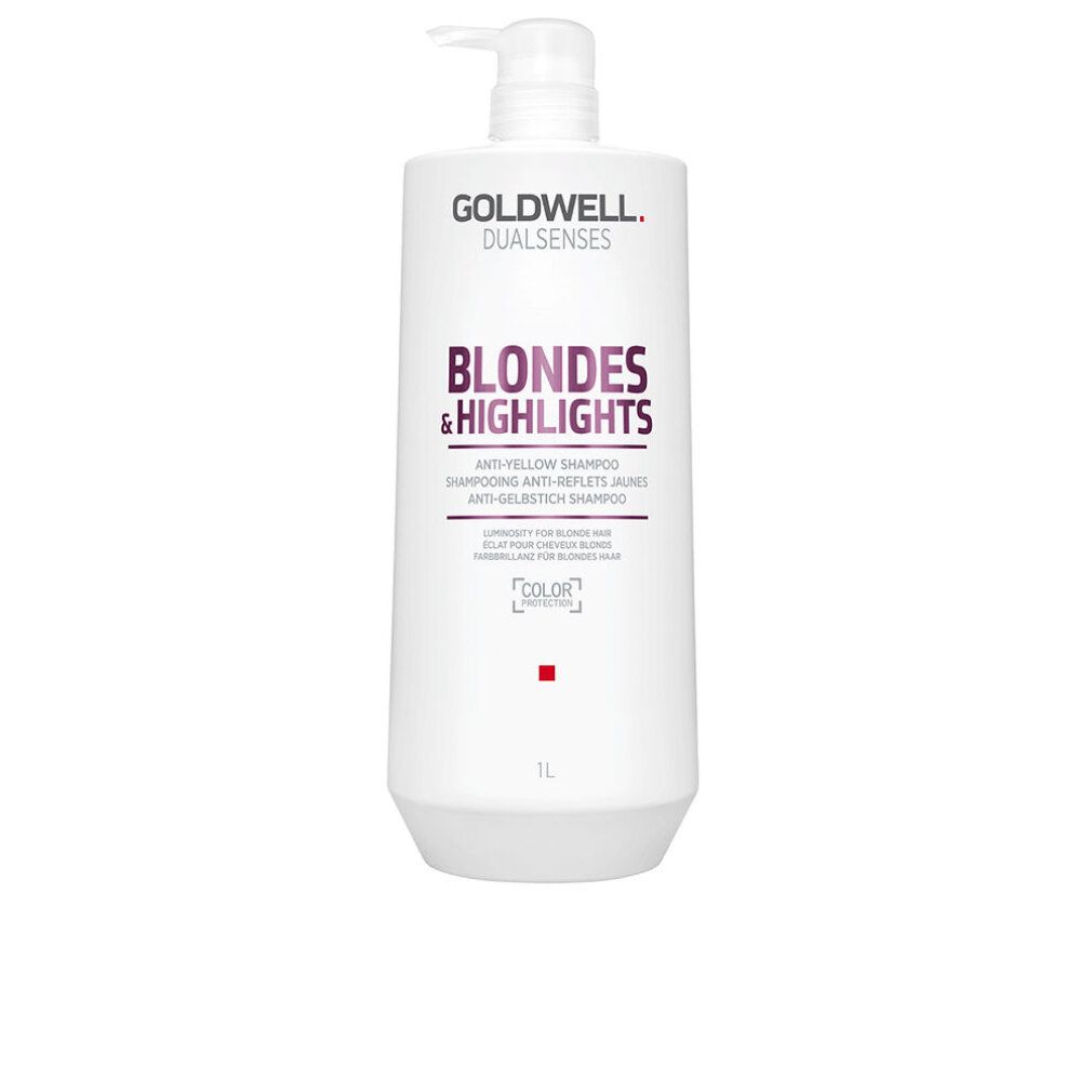 Flacone bianco Goldwell Shampoo con pompa. Scritta: Blondes & Highlights, Shampoo anti-giallo. 1L.