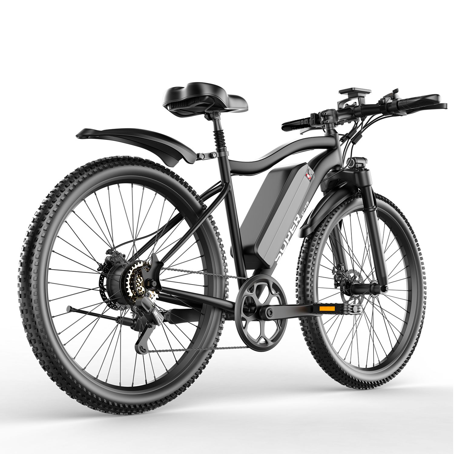 Bicicletta elettrica nera, vista laterale. Dettagli visibili: parafanghi, sella, pedali, pneumatici, cambio.