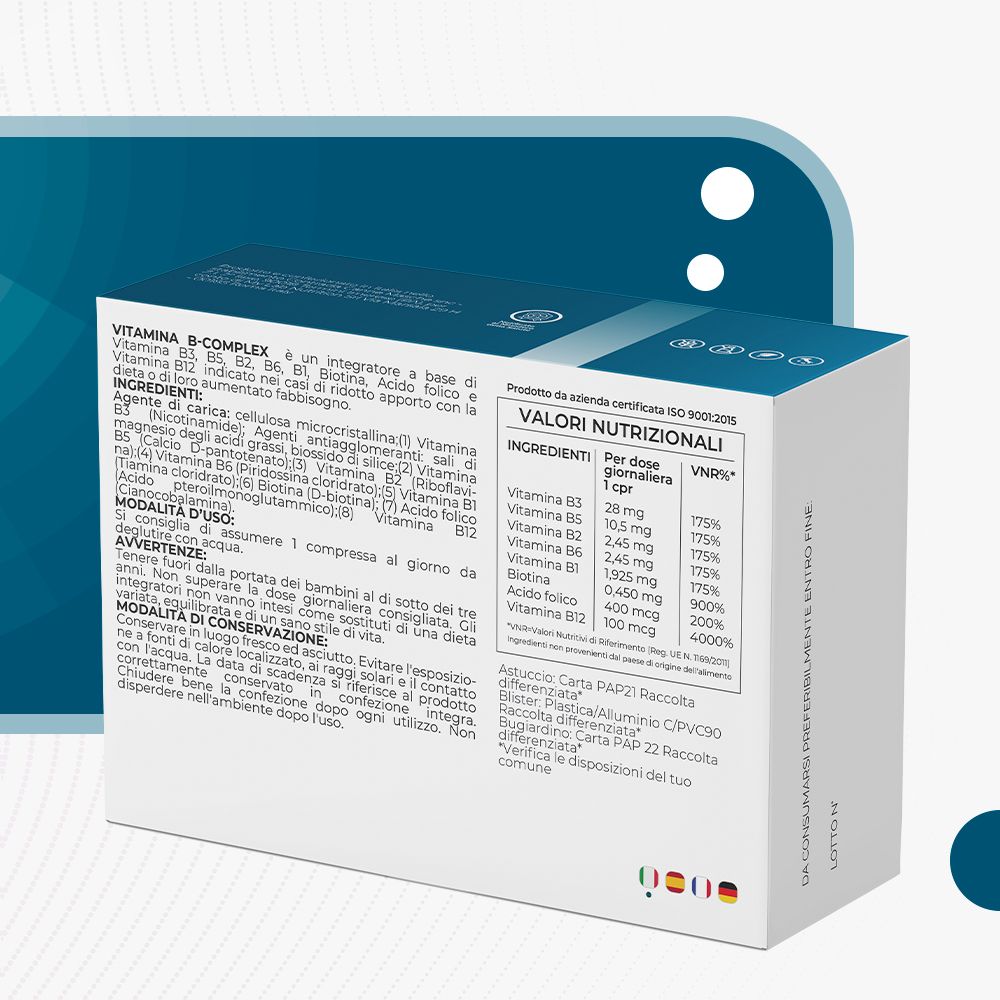 Confezione di Vitamina B-Complex. Ingredienti e informazioni nutrizionali. Certificazione ISO 9001:2015.