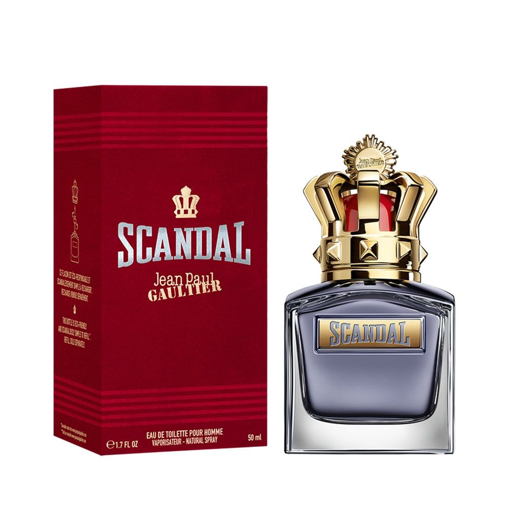Flacone e confezione di Jean Paul Gaultier Scandal Eau de Toilette. Scatola rossa con scritta dorata. Flacone con tappo a corona.