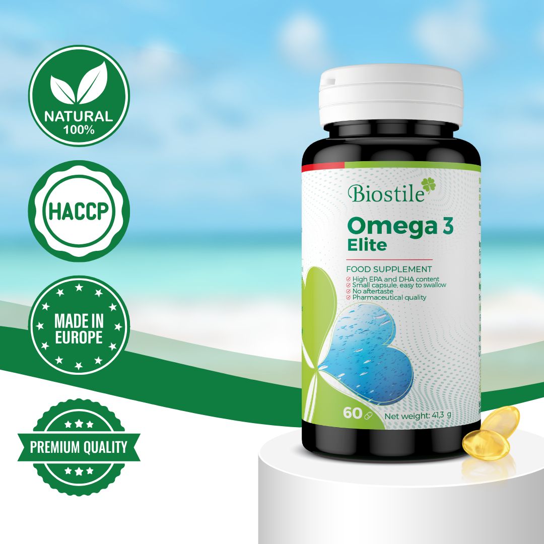 Flacone Biostile Omega 3 Elite, 60 capsule. Scritta: Omega 3 Elite, 41,3 g. Certificazioni: naturale, HACCP, Europa, premium.