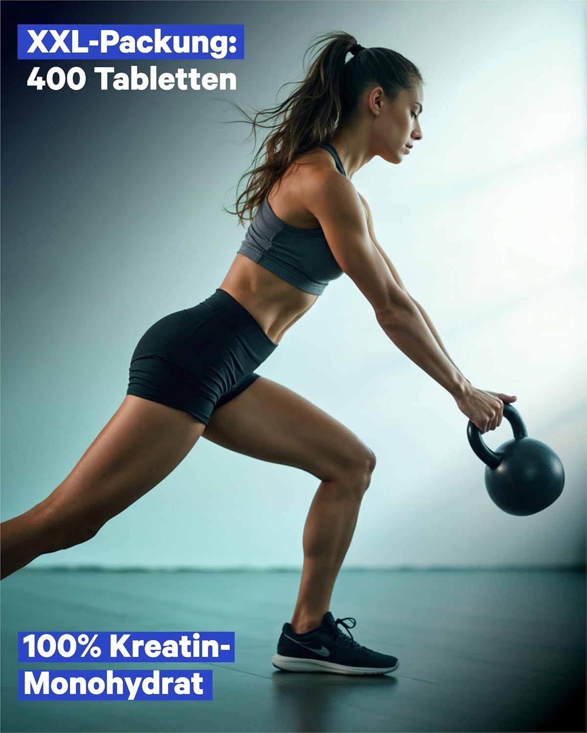 Donna che si allena con kettlebell, flacone di compresse di creatina monoidrato sullo sfondo.