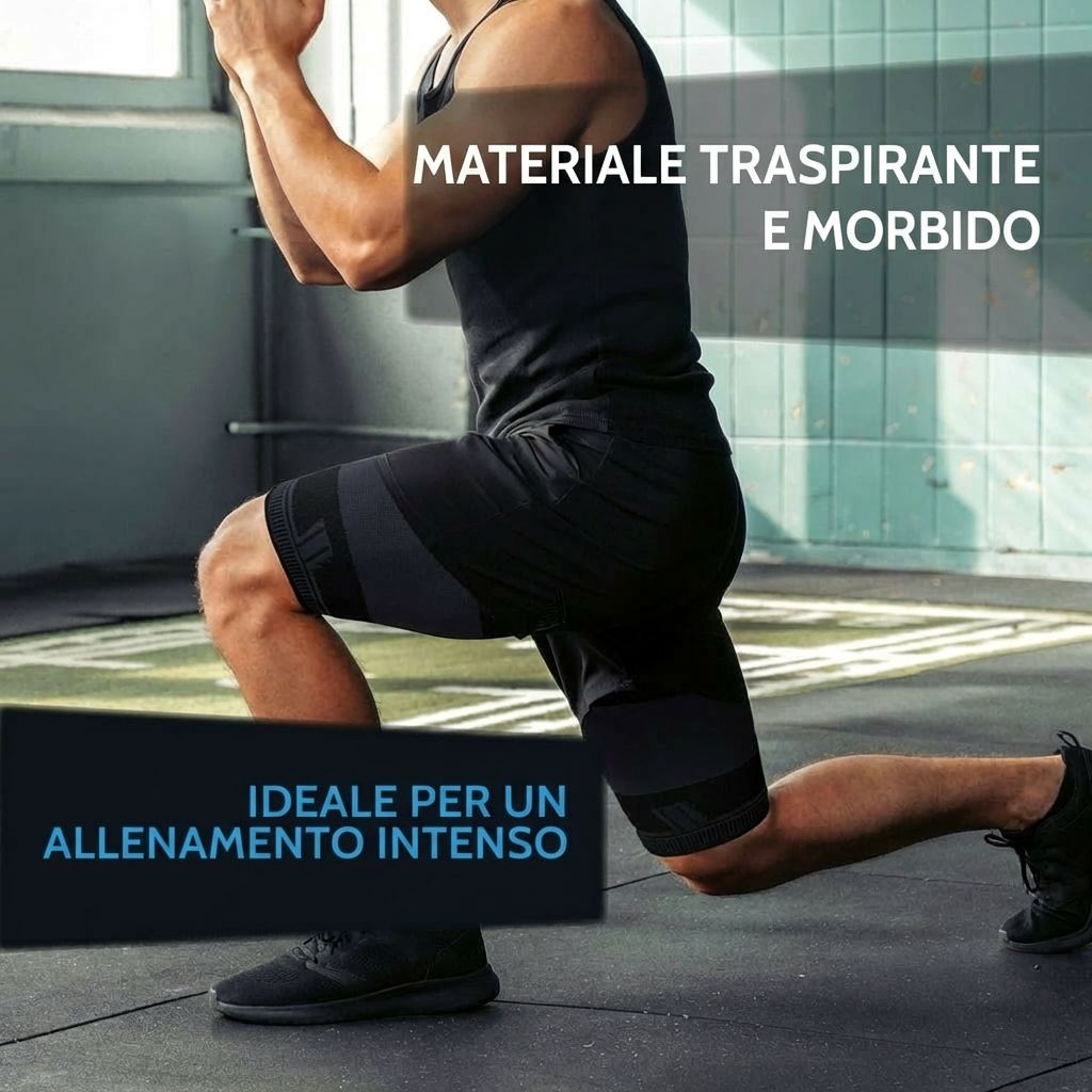 Uomo in abbigliamento sportivo durante l'allenamento. Testo: Materiale traspirante e morbido. Ideale per un allenamento intenso.