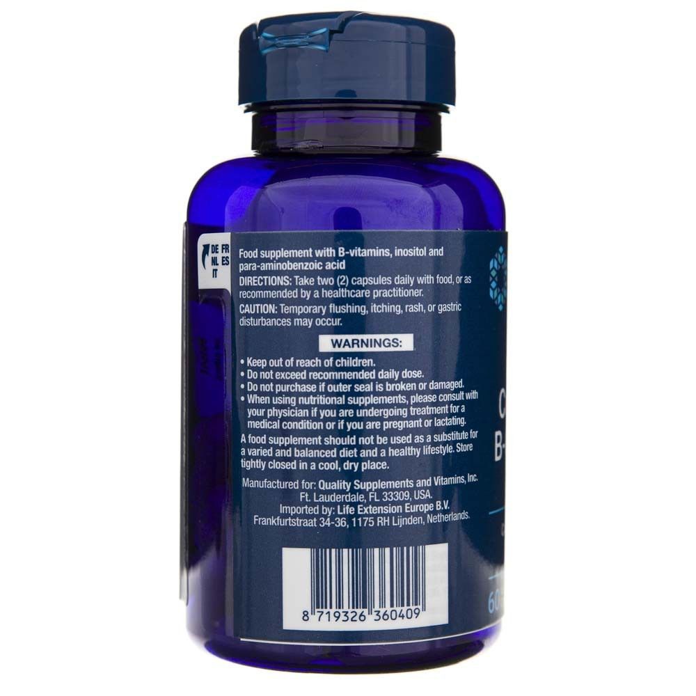 Retro di un contenitore di Life Extension BioActive Complete B-Complex. Include istruzioni per l'uso e avvertenze.