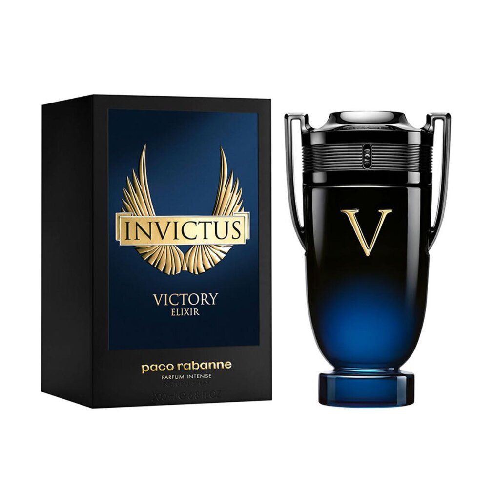 Flacone blu scuro con 'V' dorata e confezione nera. Scritta 'Invictus Victory Elixir'.