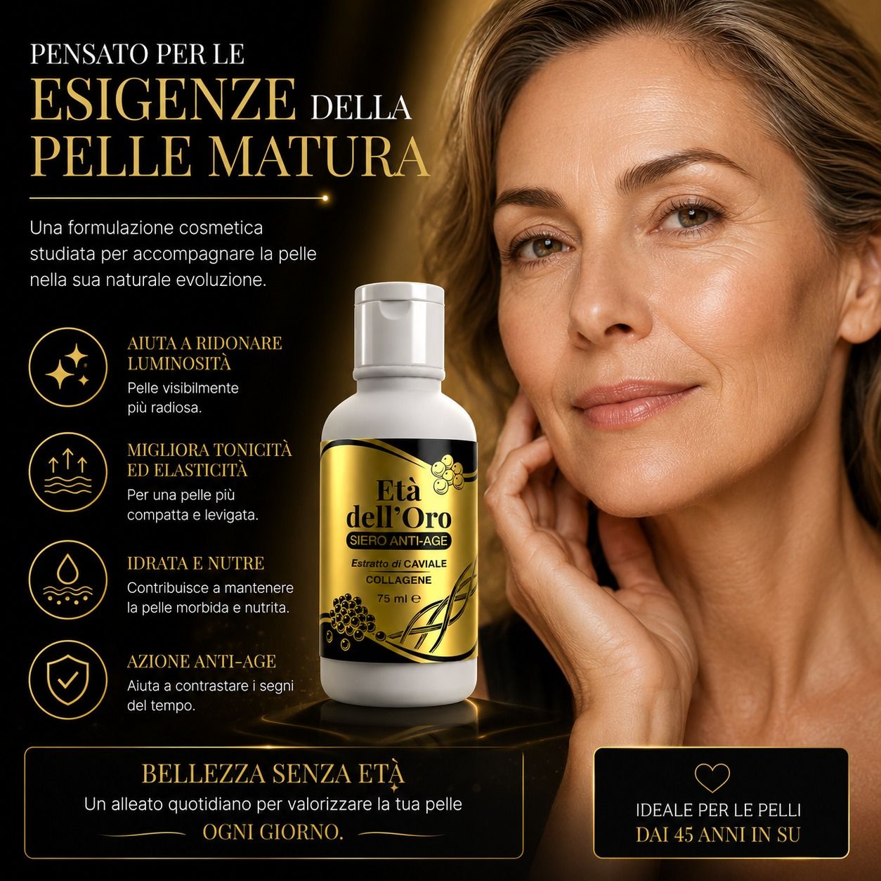 Donna con pelle liscia accanto a una bottiglia di siero anti-età con collagene e caviale.