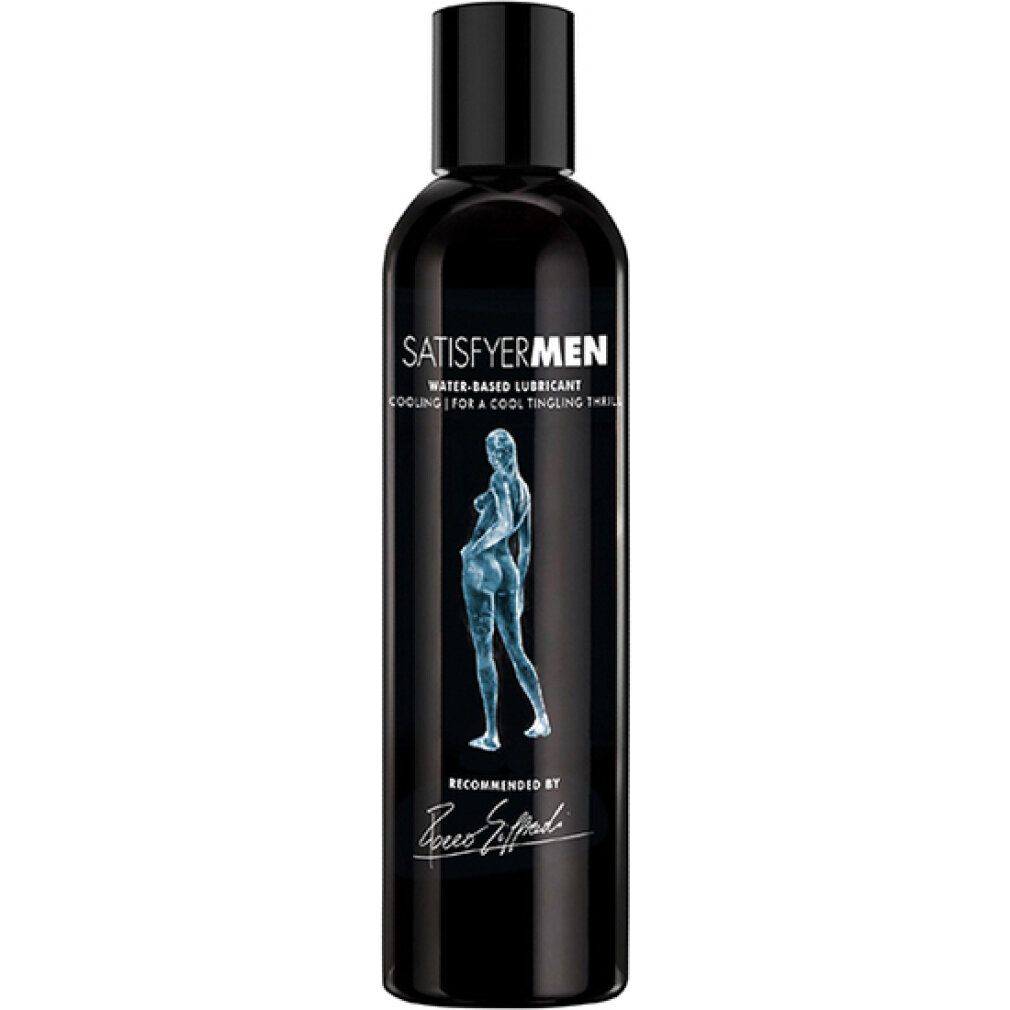 Flacone nero con scritta bianca: Satisfyer Men, a base d'acqua. Illustrazione di una donna. Raccomandato da Rocco Siffredi.