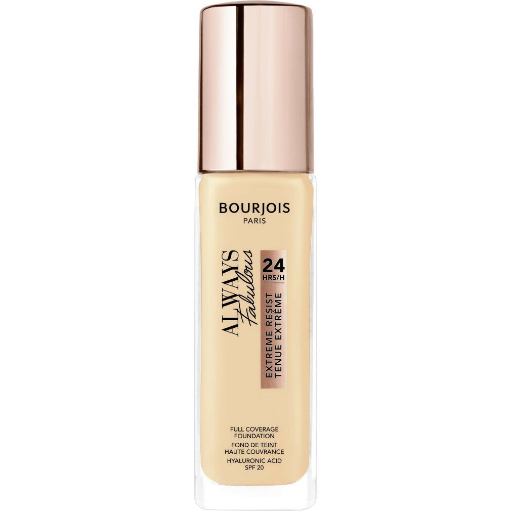 Flacone di fondotinta con tappo oro rosa. Scritta: Always Fabulous, 24H, Extreme Resist. Liquido chiaro, color crema.
