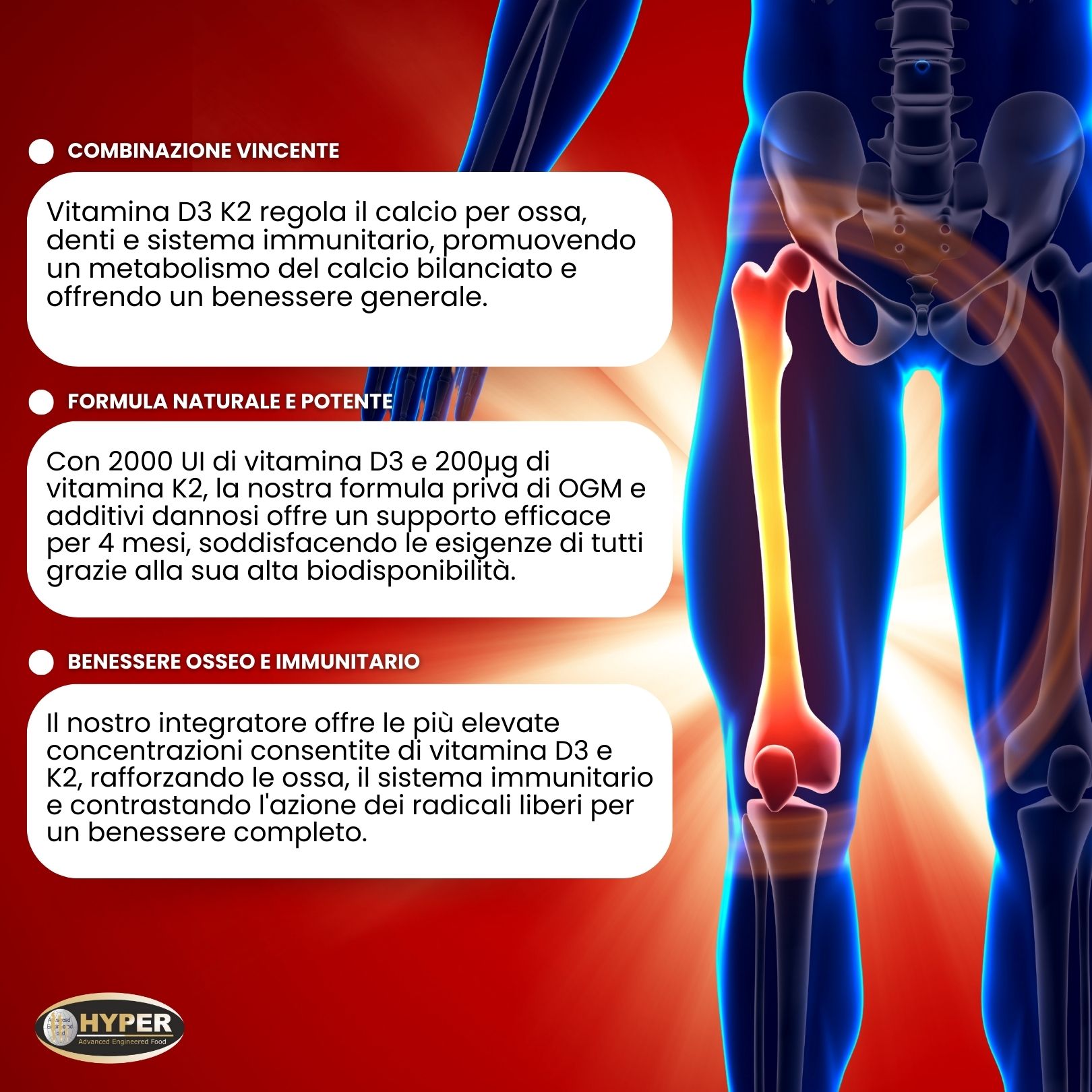 HYPER Vitamina D3 K2  Integratore alimentare per il Benessere delle Ossa e Sistema Immunitario