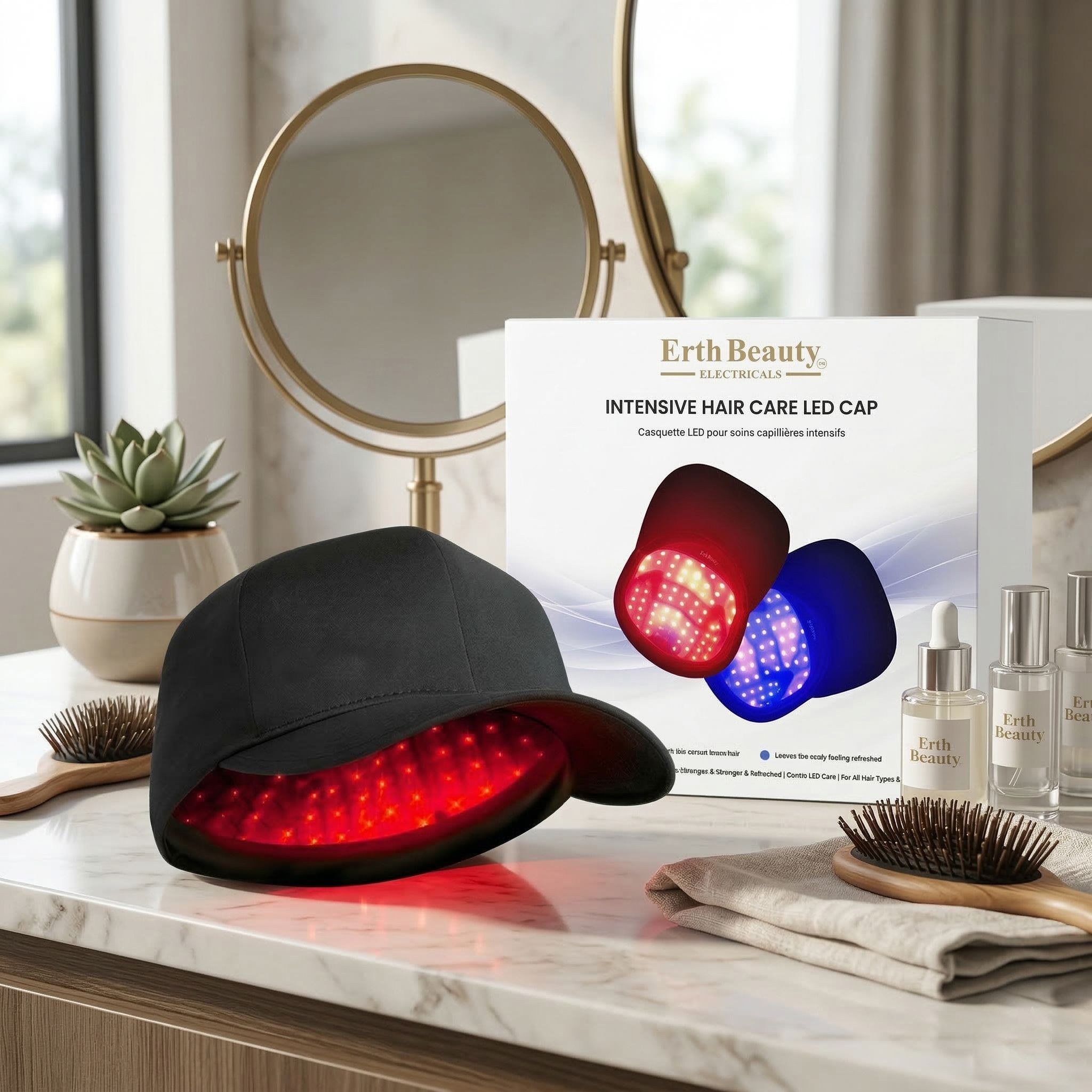 Cappuccio nero LED per la cura dei capelli, con luci rosse, vicino alla confezione e ai prodotti.