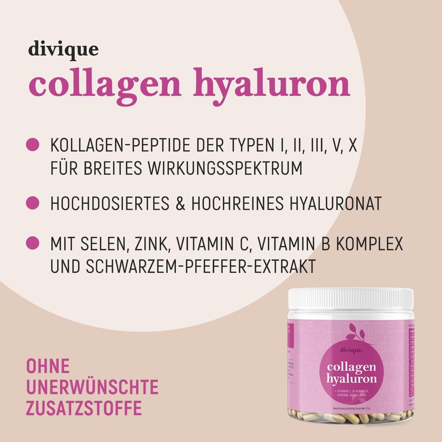 Barattolo rosa con capsule. Testo: Divique Collagen Hyaluron. Ingredienti: collagene, ialuron, selenio, zinco, vitamina C, B-complesso, pepe.