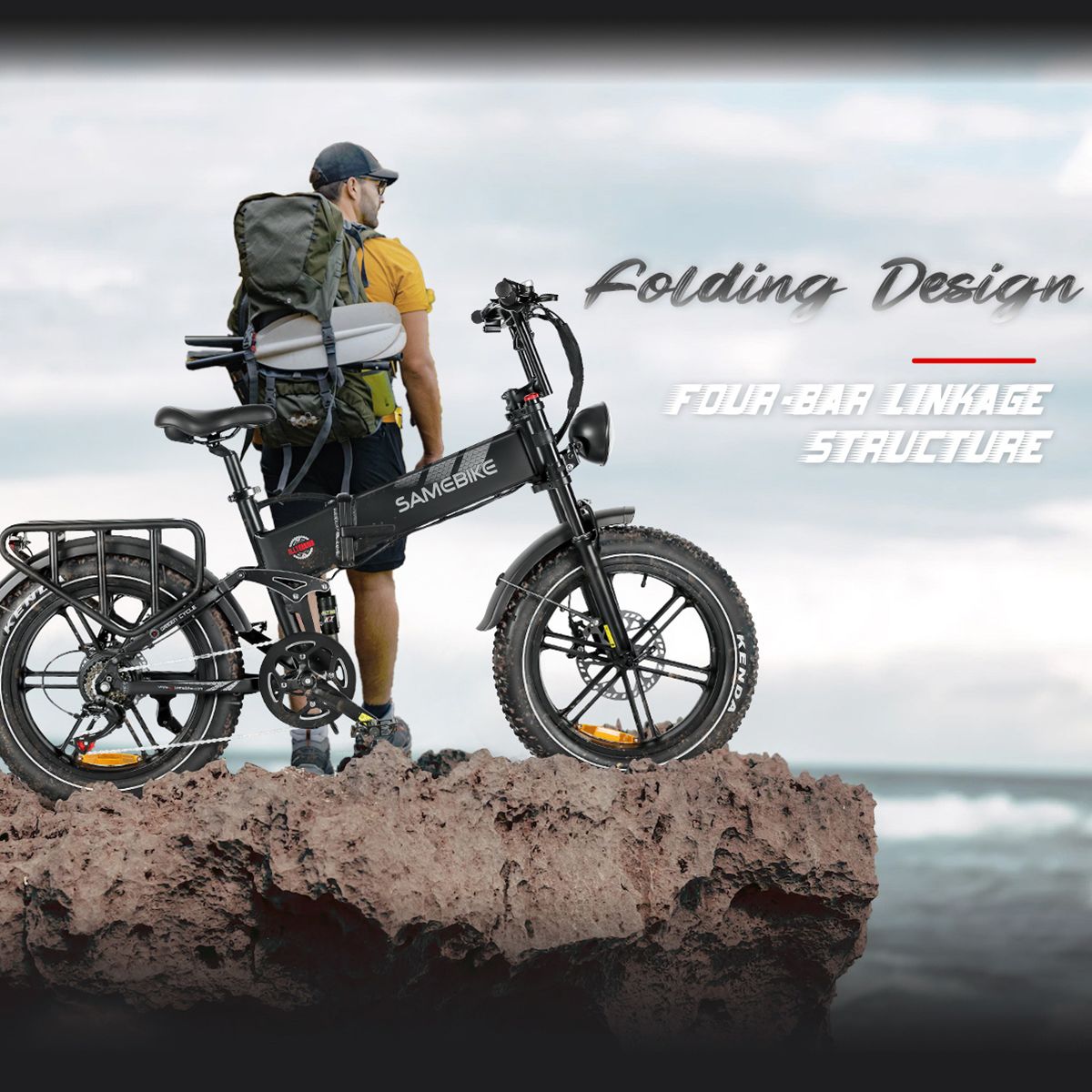 E-MTB SAMEBIKE su rocce. Persona con zaino. Testo: Folding Design, Four-bar linkage structure.