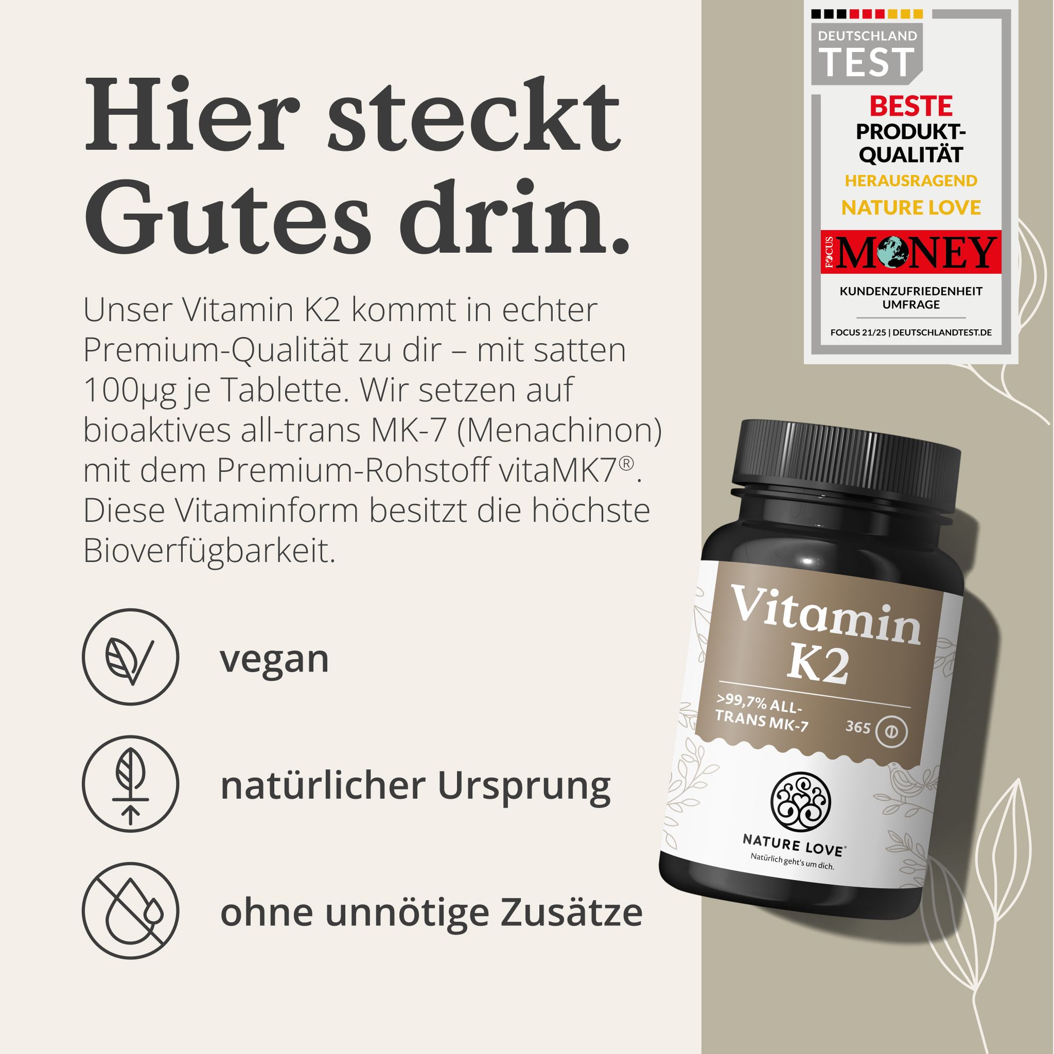 Flacone Vitamina K2 Nature Love, vegan, origine naturale.