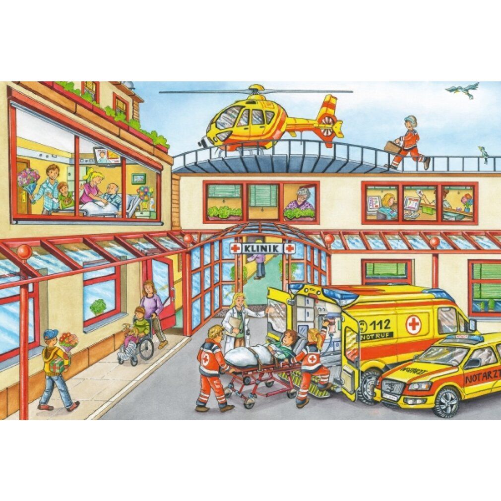 Motivo del puzzle: scena ospedaliera con ambulanza, elicottero e personale. I pazienti vengono curati. Marca: Schmidt Spiele. 24 pezzi.
