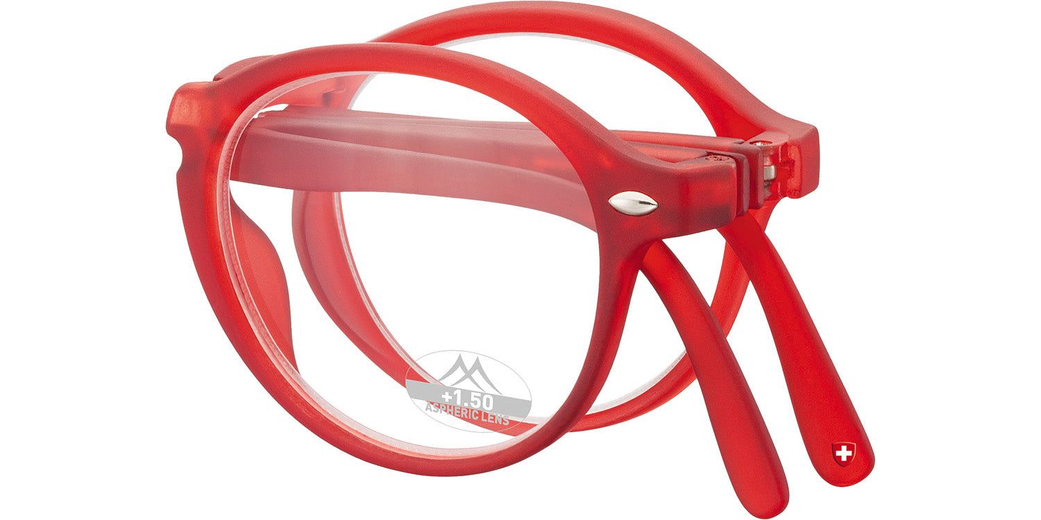 Occhiali da lettura rossi piegati. Lenti rotonde, montatura in plastica. Logo Montana Eyewear e +1.50 visibili sulla lente.