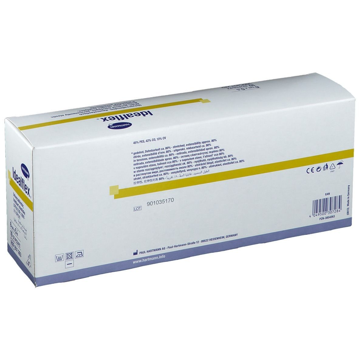 Confezione Hartmann Idealflex. Retro con testo e loghi. Contiene informazioni sugli ingredienti e sul produttore.