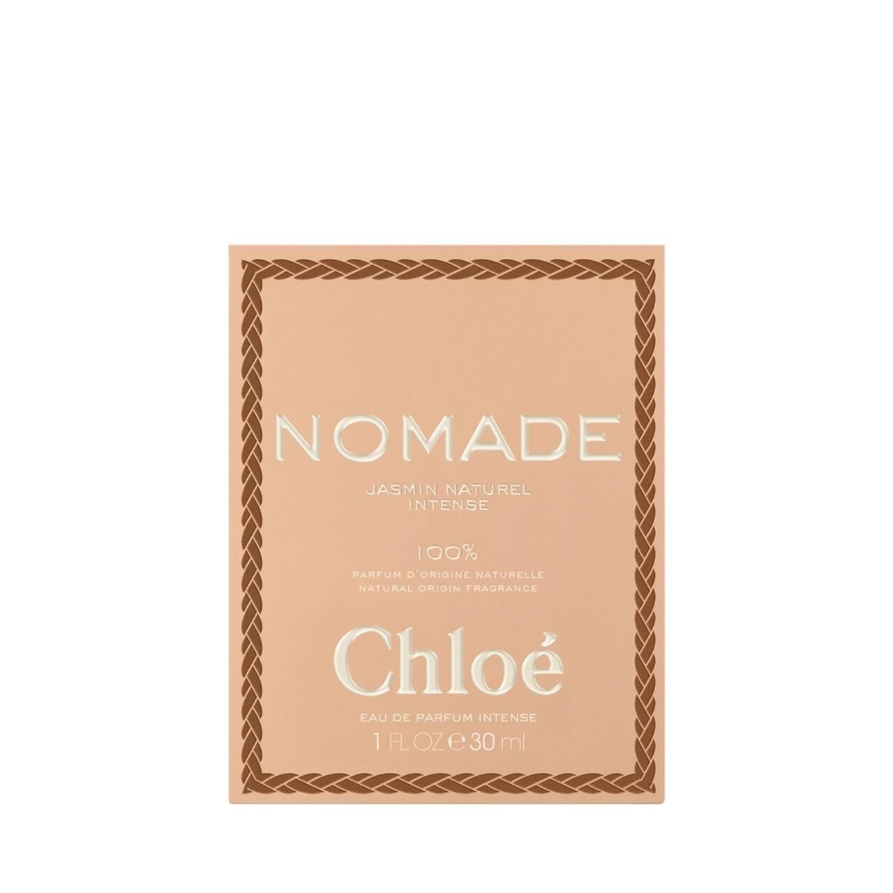 Confezione con scritta NOMADE, Jasmin Naturel Intense, Chloé. Sfondo beige.