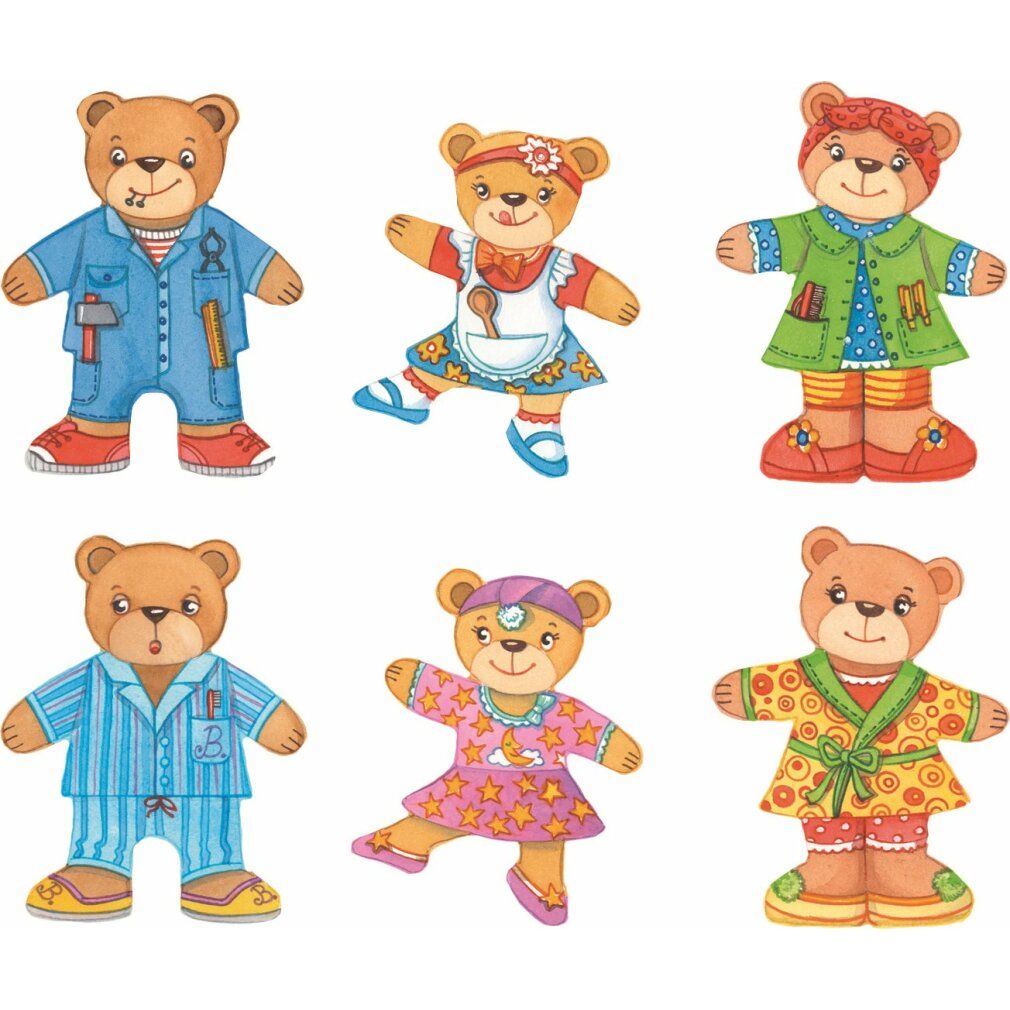Sei orsi illustrati in vari abiti. L'orso indossa abiti come medico, cuoco e pigiama.