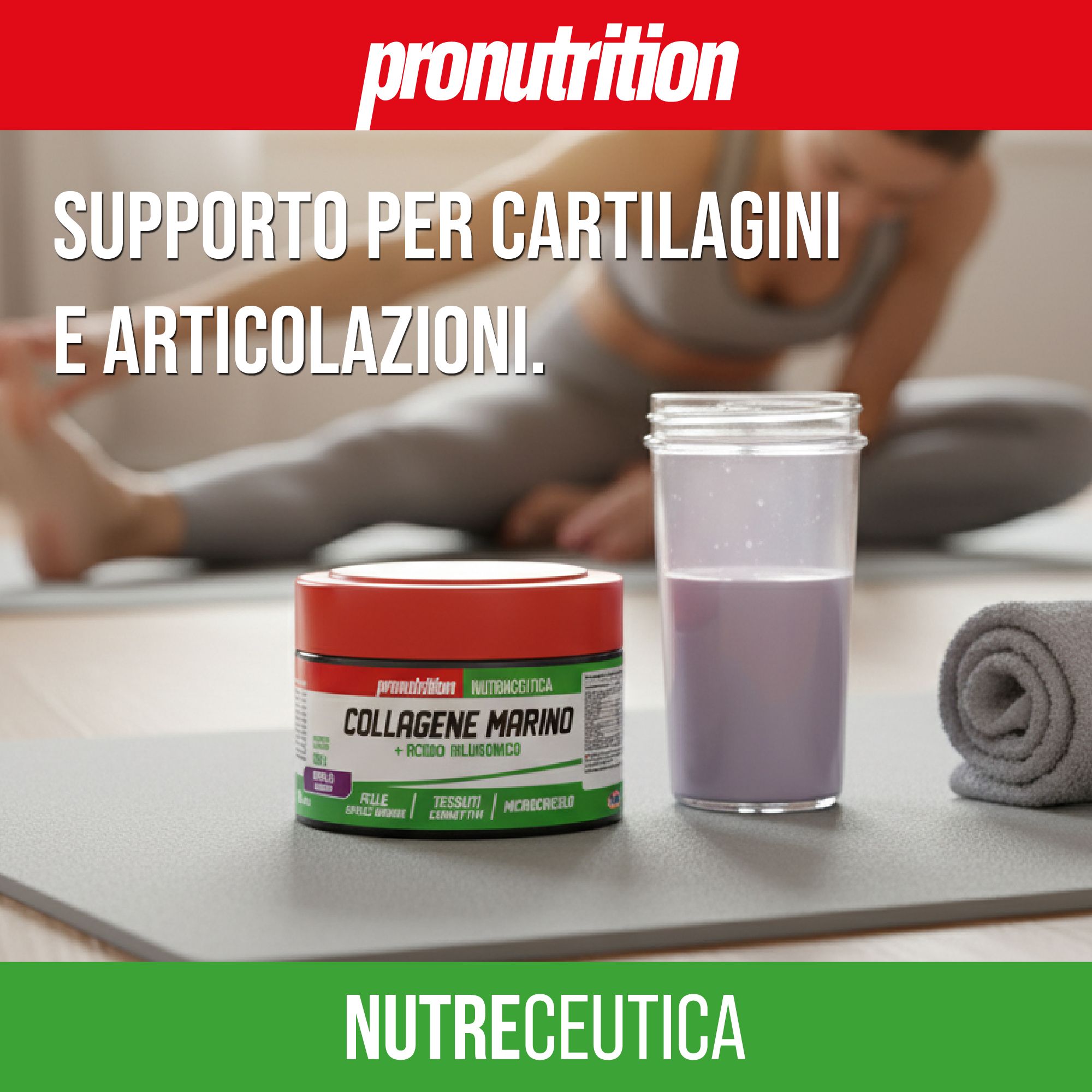 Barattolo rosso Pronutrition, liquido viola, asciugamano, donna sullo sfondo. Testo: Supporto per cartilagini e articolazioni.