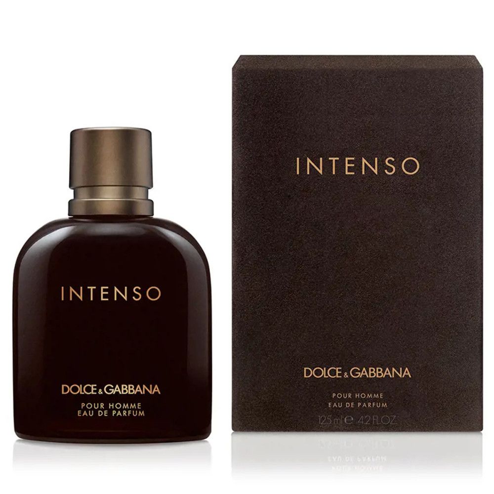 Flacone e confezione marrone scuro. Scritta INTENSO, DOLCE & GABBANA, Pour Homme. EdP Nat. Spray. 125 ml.
