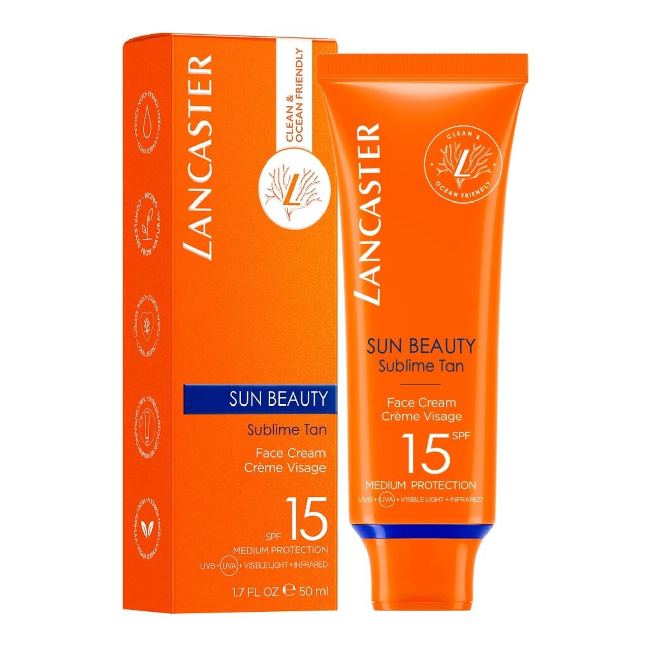 Tubo e confezione arancioni. Lancaster Sun Beauty, SPF 15. Crema viso. Ocean Friendly.