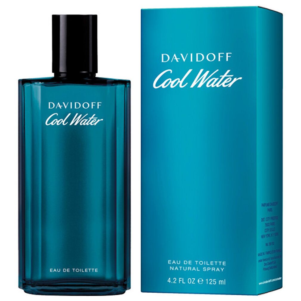 Flacone e confezione Davidoff Cool Water Eau de Toilette. Design blu con testo. Flacone con tappo nero.