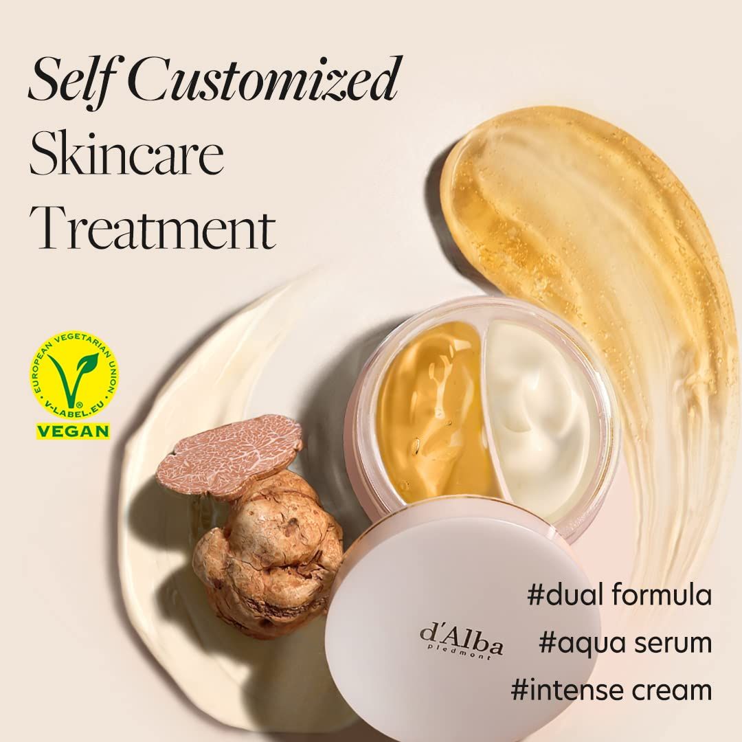 D'Alba White Truffle Double Serum & Cream. Logo vegano. Prodotto, tartufo e texture. Scritta: #dual formula, #aqua serum, #intense cream.