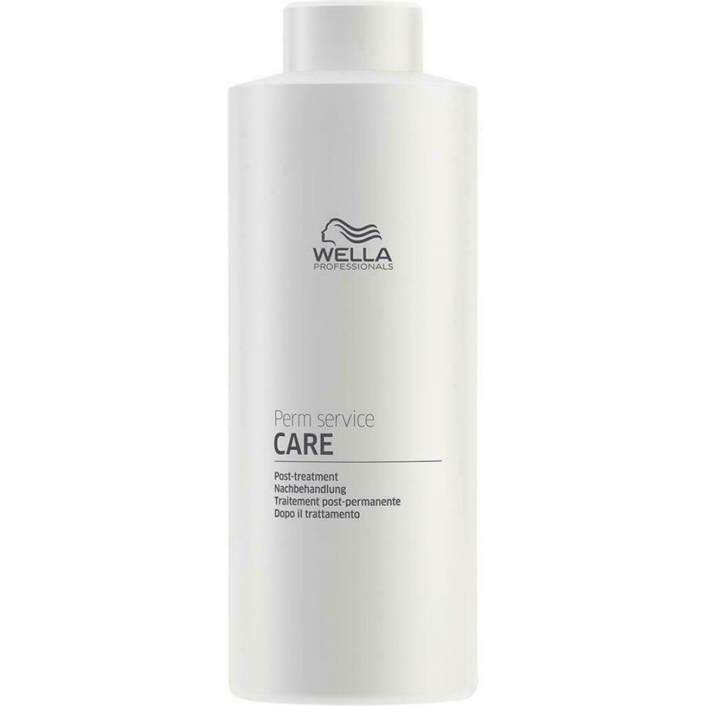 Flacone bianco con logo Wella e testo: Perm Service CARE. Post-treatment. Nachbehandlung. Trattamento post-permanente. Dopo il trattamento.