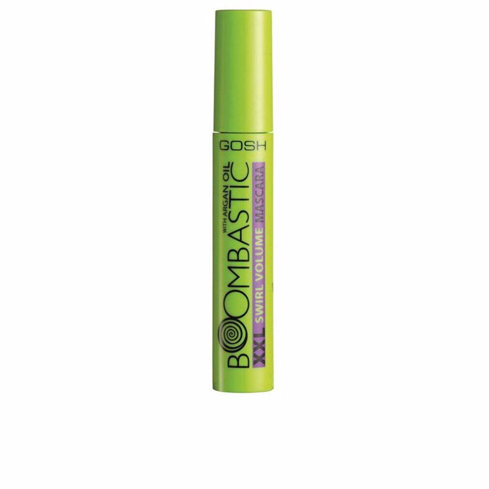 Tubo mascara verde. Testo: GOSH, BOOMBASTIC XXL SWIRL VOLUME MASCARA, con olio di argan.