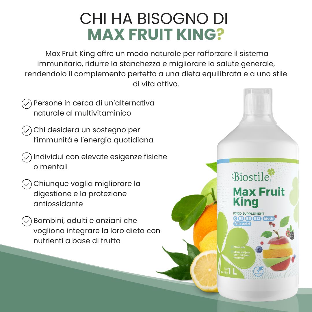 Bottiglia Biostile Max Fruit King. Testo: Chi ha bisogno di Max Fruit King? Elenco dei destinatari.