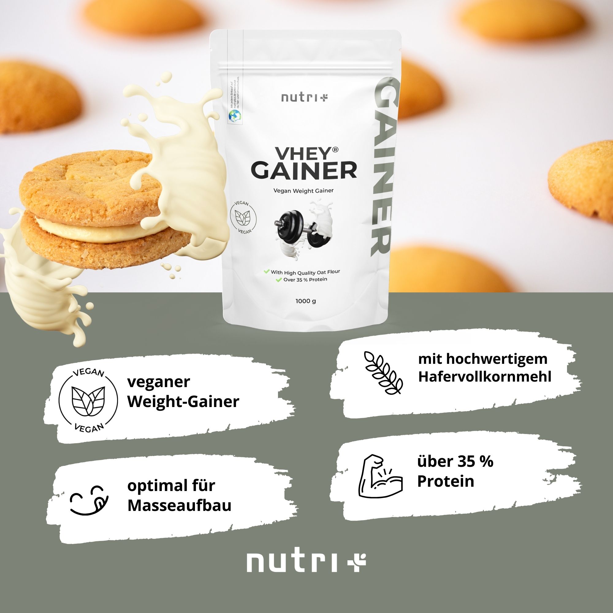 Busta bianca con logo "nutri+" e scritta "VHEY GAINER". Sigillo vegano. Testo: "vegan Weight-Gainer", "con farina d'avena integrale di alta qualità".