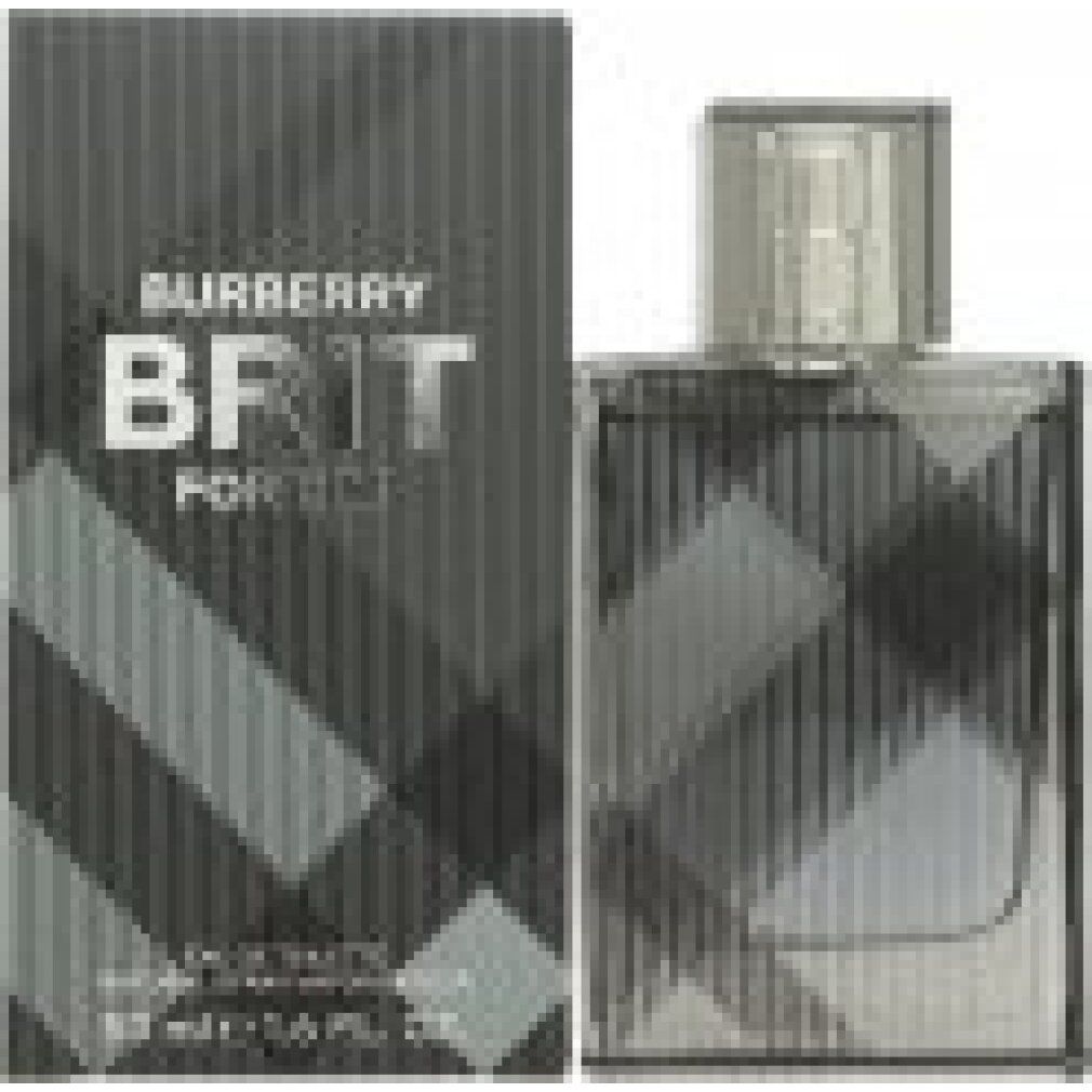 Flacone e confezione Burberry Brit for Men. Motivo a quadri grigi. Flacone con vaporizzatore. Testo: Burberry Brit for Men, 50 ml.