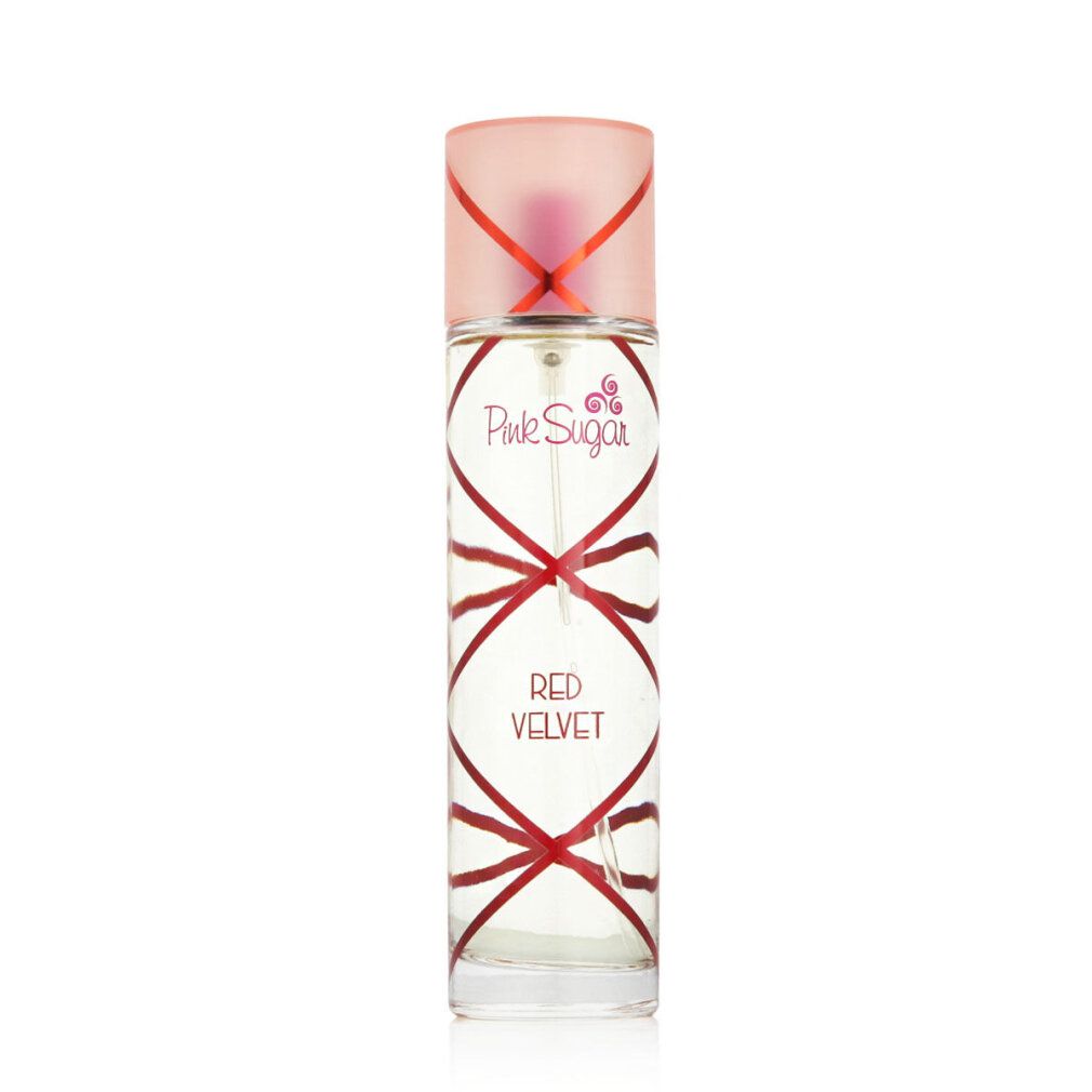 Flacone di profumo con decorazioni a fiocco rosse. Scritta: Pink Sugar Red Velvet.