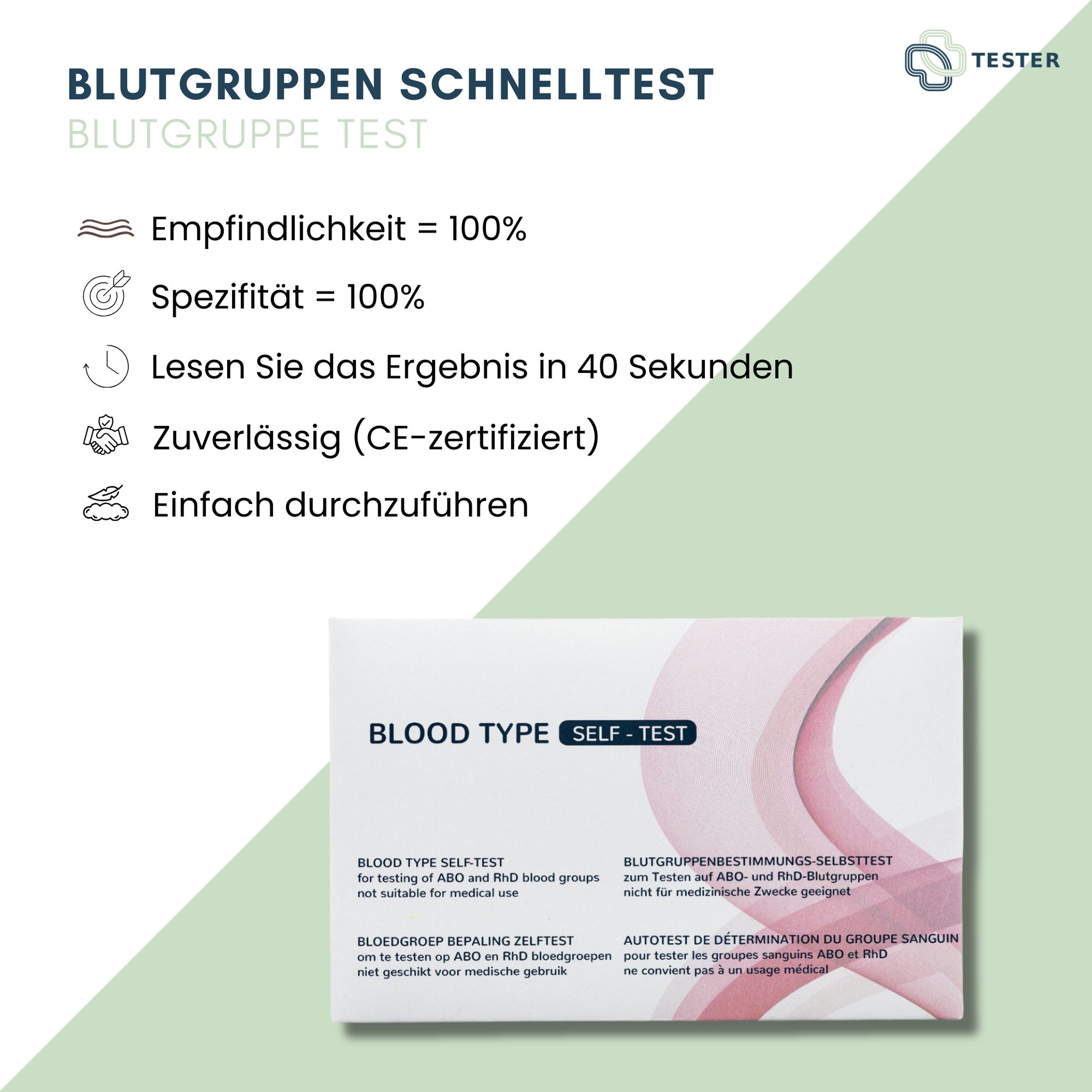 Scatola del test rapido del gruppo sanguigno con testi su sensibilità, specificità, tempo di risultato e certificazione. Scritta: Blood Type Self-Test.