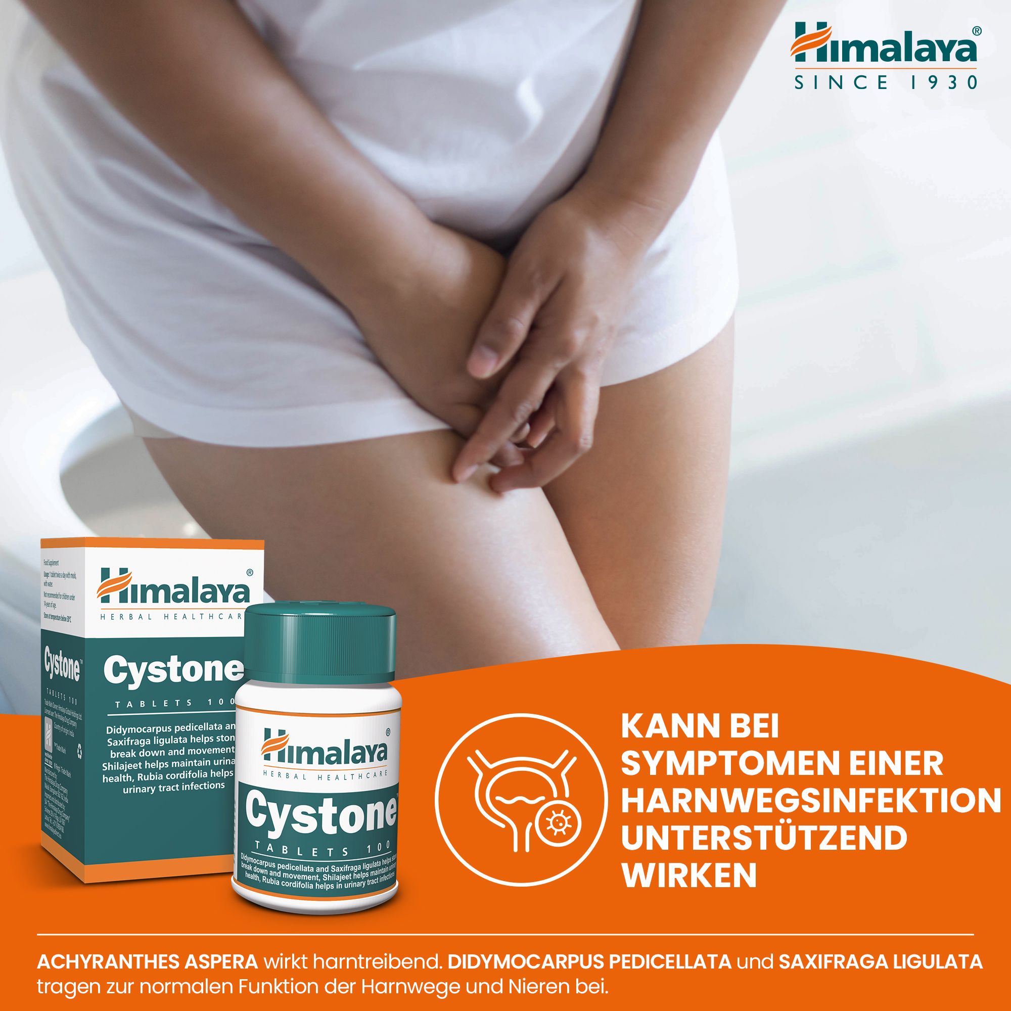 Donna con disagio pelvico accanto a Cystone Himalaya e simbolo delle vie urinarie.