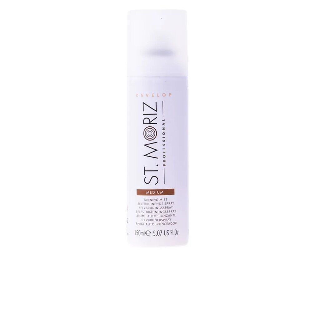 Spray autoabbronzante St. Moriz. Flacone bianco con testo marrone e nero. Visibili "Medium" e "150ml".