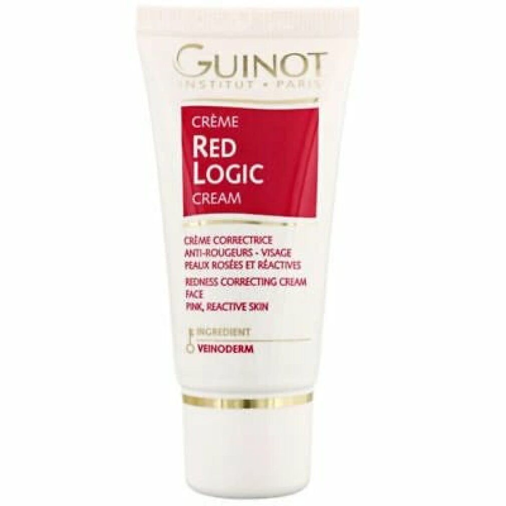 Tubo bianco con rettangolo rosso e testo "Guinot Crème Red Logic Cream". Dettagli dorati. Testo in inglese e francese.