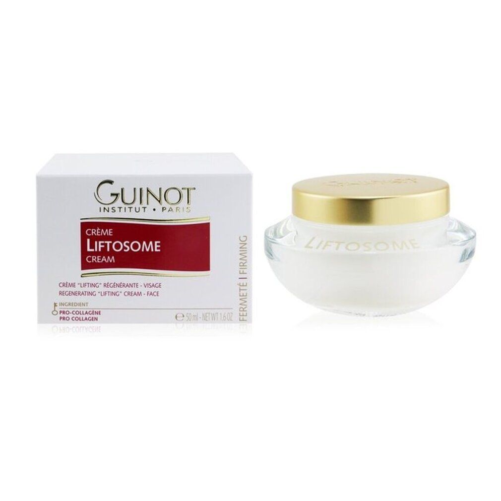 Vaso di crema e scatola. Sulla scatola sono scritti Guinot e Crème Liftosome. Il vaso è trasparente.