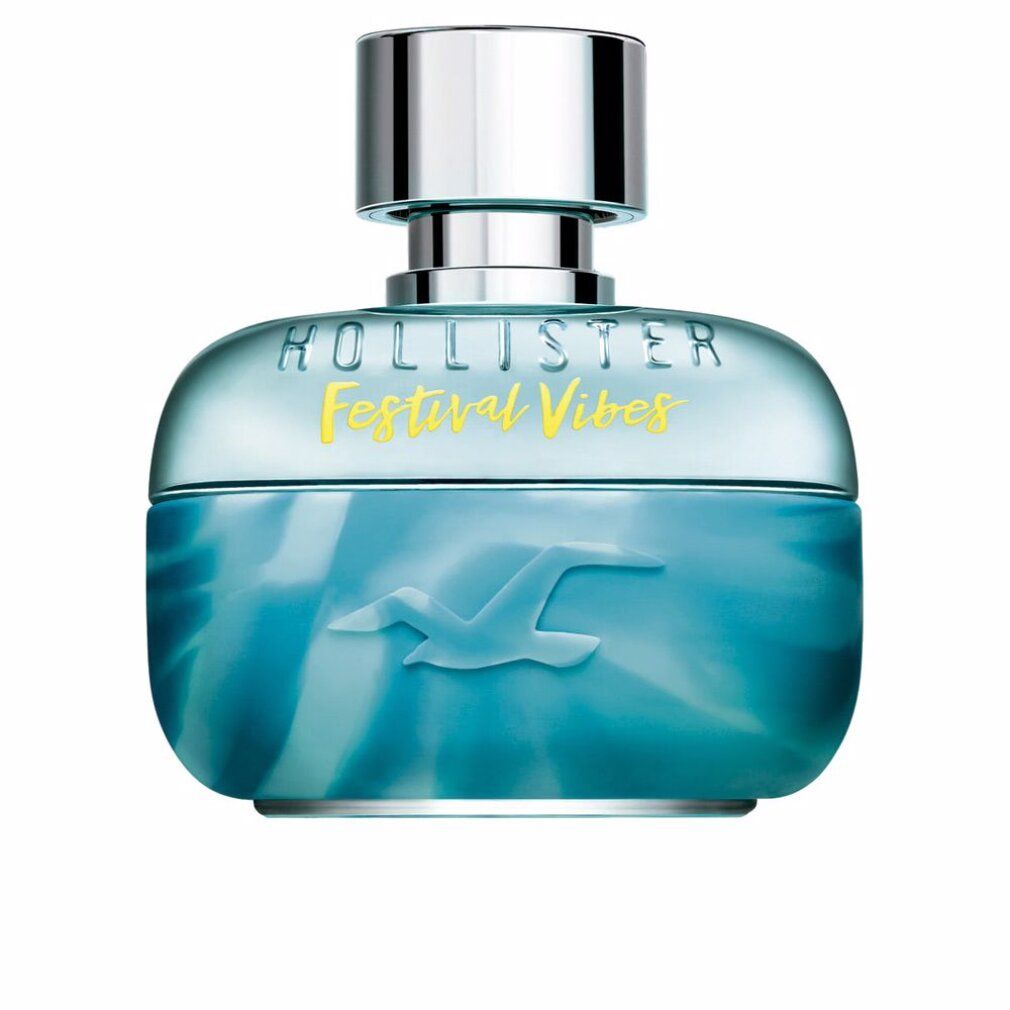 Flacone Hollister Festival Vibes Him. Blu turchese, tappo argento. Logo e testo giallo. Forma arrotondata, logo uccello in rilievo.